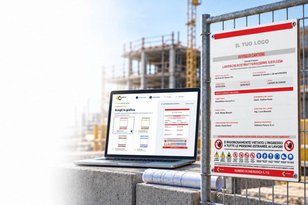 Configuratore online per creare un cartello da cantiere editabile e cartello professionale installato su una cancellata